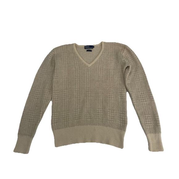 Men’s Vintage Polo Ralph Lauren Cashmere Sweater S Ivory Plaid 90s - Picture 1 of 10